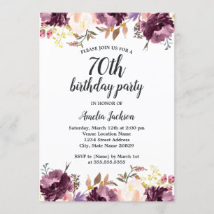 Invitation Fête d'anniversaire de 70 ans Watercolor Purple Fl