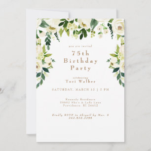 Invitation Fête d'anniversaire de 75 ans à fleurs blanches en
