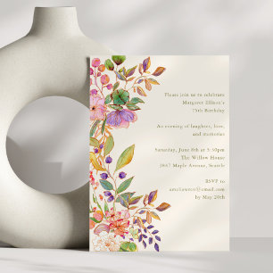 Invitation Fête d'anniversaire de 75 ans aux fleurs aquarelle