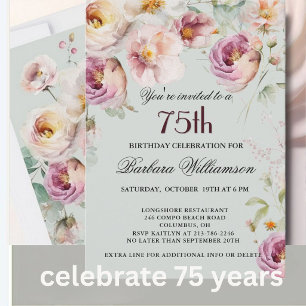 Invitation Fête d'anniversaire de 75 ans aux fleurs peintes é