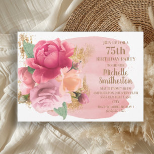 Invitation Fête d'anniversaire de 75 ans Fleurs roses Paillet
