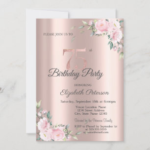 Invitation Fête d'anniversaire de 75 ans Rose Gold Floral Ros