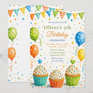 Invitation Fête d'anniversaire de 7 ans avec Cupcake Neutre e
