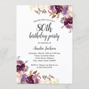 Invitation Fête d'anniversaire de 80 ans aux fleurs aquarelle