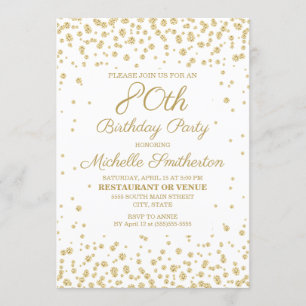Invitation Fête d'anniversaire de 80 ans Blanc avec Paillette
