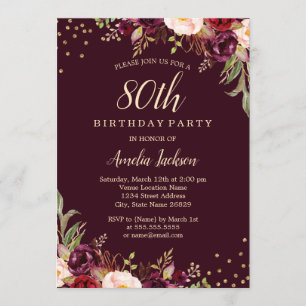 Invitation Fête d'anniversaire de 80 ans Burgundy floral Gold