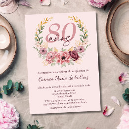 Invitation Fête d'anniversaire de 80 ans Floral Élégant Rose