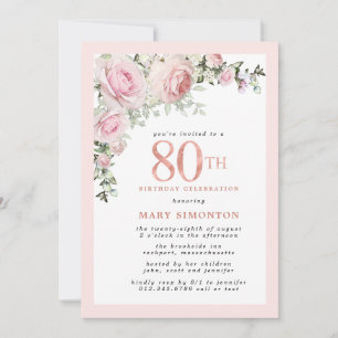 Invitation Fête d'anniversaire de 80 ans Rose Pâle Or Floral