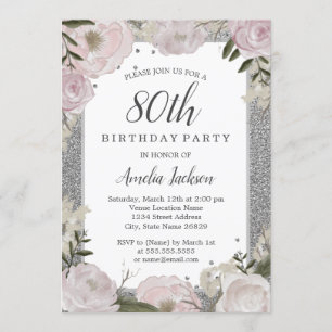 Invitation Fête d'anniversaire de 80 ans Sparkle Rose Fleur A