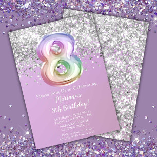 Invitation Fête d'anniversaire de 8 ans de la fille paillette