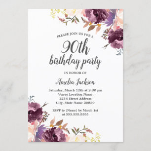 Invitation Fête d'anniversaire de 90 ans aux fleurs aquarelle