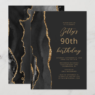 Invitation Fête d'anniversaire de 90 ans Black Gold Agate Sla