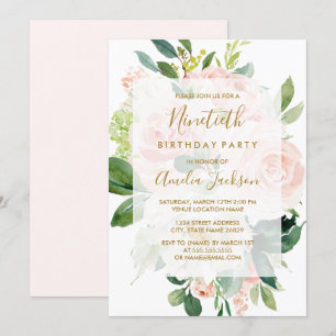 Invitation Fête d'anniversaire de 90 ans Elegant Pink Peach B