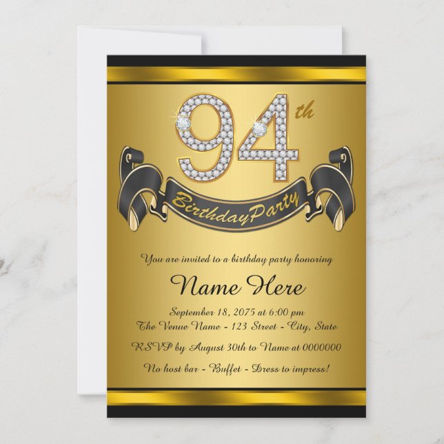 Invitation Fête d'anniversaire de 94 ans en or (Devant)