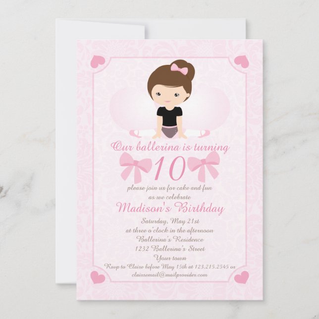 Invitation Fête d'anniversaire de Ballerina (Devant)