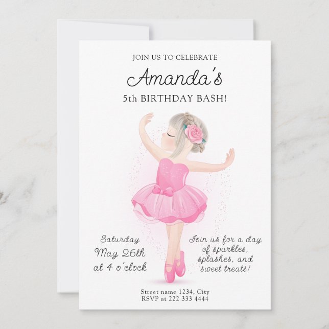 Invitation Fête d'anniversaire de Ballerina pour filles (Devant)