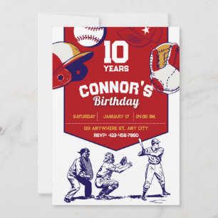 Invitation Fête d'anniversaire de base-ball illustrée en roug