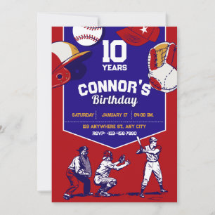Invitation Fête d'anniversaire de base-ball illustrée rouge e