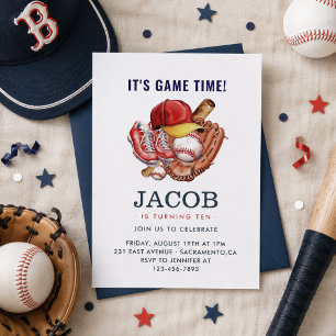 Invitation Fête d'anniversaire de baseball bleu marine pour e