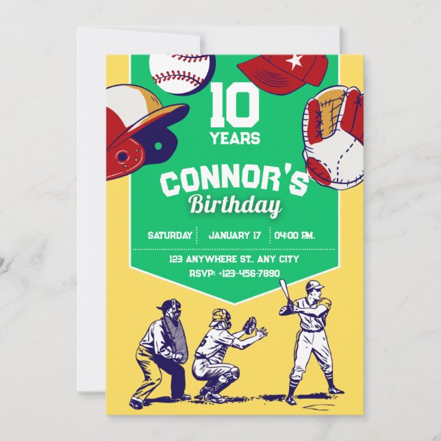 Invitation Fête d'anniversaire de baseball en jaune et vert (Devant)
