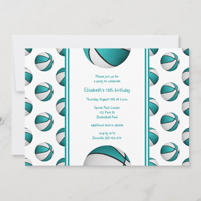 Invitation fête d'anniversaire de basket-ball blanc turquoise (Devant)