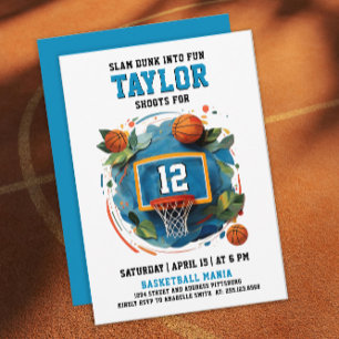 Invitation Fête d'anniversaire de basket-ball bleu coloré et
