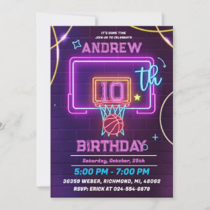 Invitation Fête d'anniversaire de basketball néon personnalis