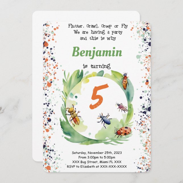 Invitation Fête d'anniversaire de bogues modifiables (Devant / Derrière)