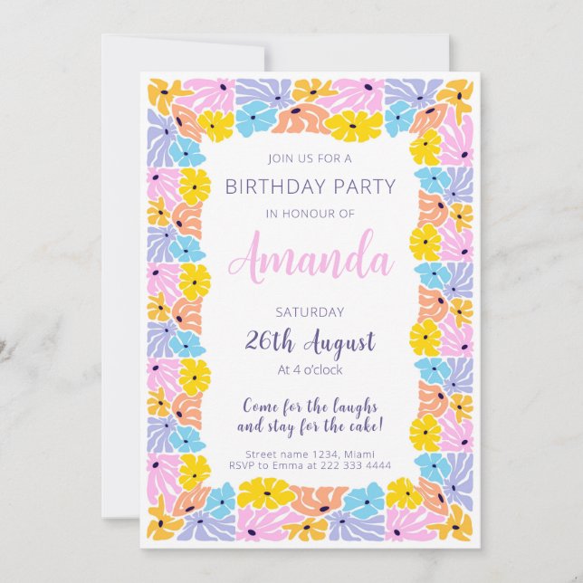 Invitation Fête d'anniversaire de bord floral rayonnant (Devant)
