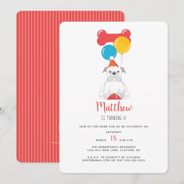 Invitation Fête d'anniversaire de Bouledogue (Devant / Derrière)