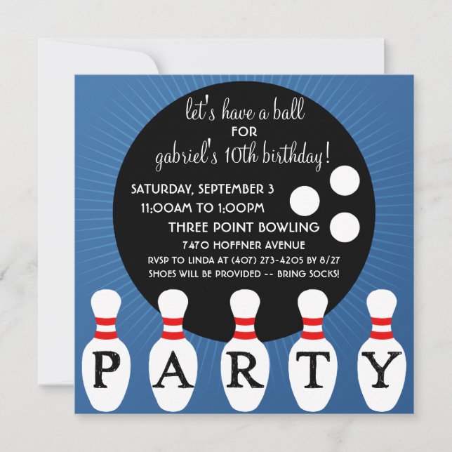 Invitation Fête d'anniversaire de bowling de partie de Pin de (Devant)