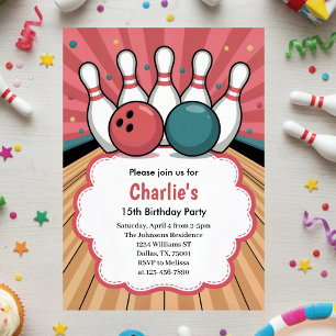 Invitation Fête d'anniversaire de bowling pour filles rétro 