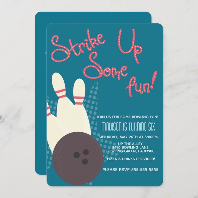 Invitation Fête d'anniversaire de Bowling vintage (Devant / Derrière)