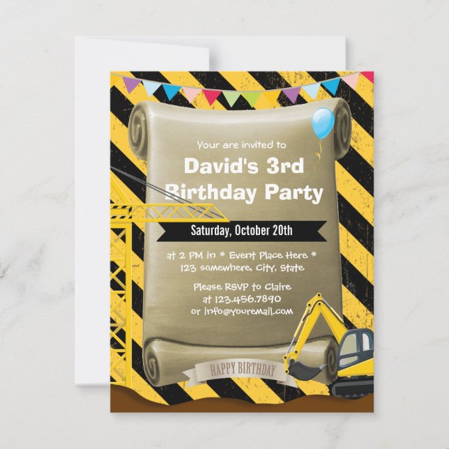 Invitation Fête d'anniversaire de Boys Construction Excavatio (Devant)