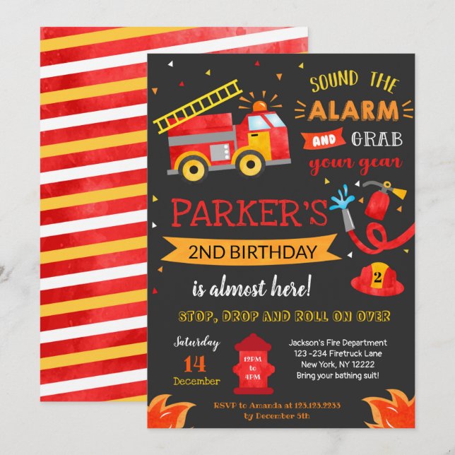 Invitation Fête d'anniversaire de camion d'incendi (Devant / Derrière)