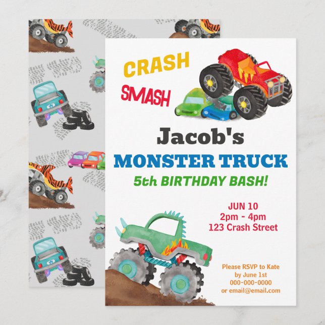 Invitation Fête d'anniversaire de camion monstre Crash Smash  (Devant / Derrière)