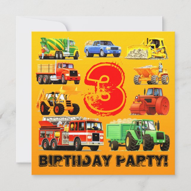 Invitation Fête d'anniversaire de camions de la construction (Devant)