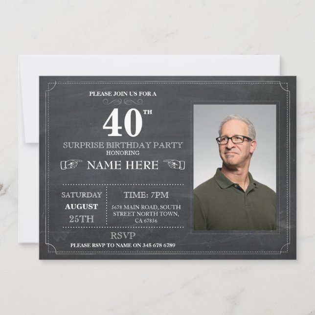 Invitation Fête d'anniversaire de Chalkboard Surprise 40e Inv (Devant)