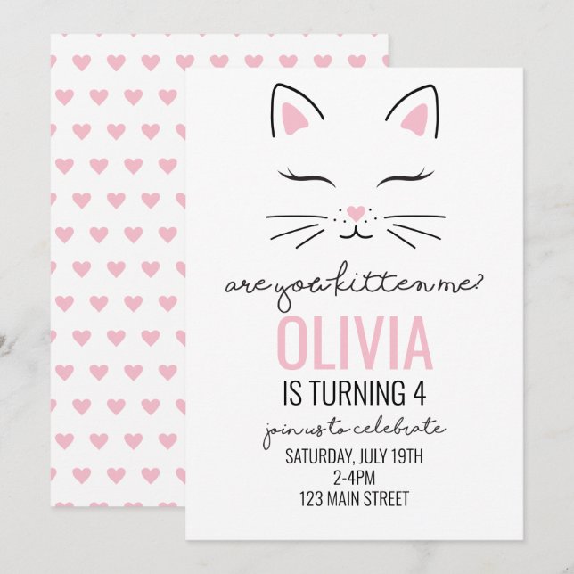 Invitation Fête d'anniversaire de chaton coeurs roses (Devant / Derrière)
