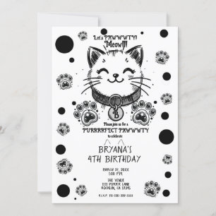 Invitation Fête d'anniversaire de chaton Kitty noir et blanc 