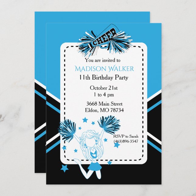 Invitation Fête d'anniversaire de cheerleader en bleu bébé (Devant / Derrière)