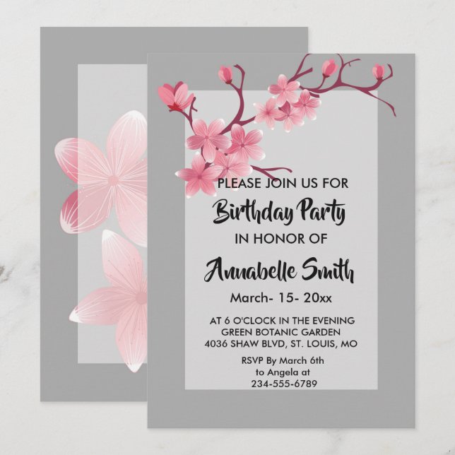 Invitation Fête d'anniversaire de Cherry Blossom (Devant / Derrière)