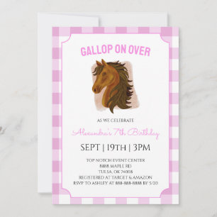 Invitation Fête d'anniversaire de cheval à carreaux rose