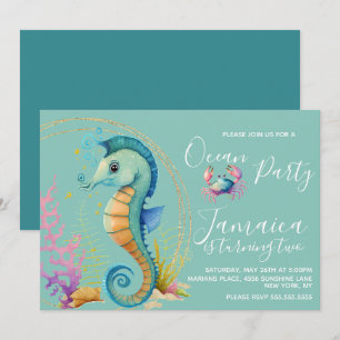 Invitation Fête d'anniversaire de cheval marin à l'aquarelle