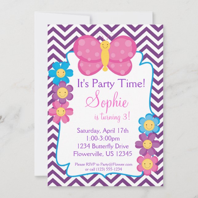 Invitation Fête d'anniversaire de Chevron et de Papillon rose (Devant)