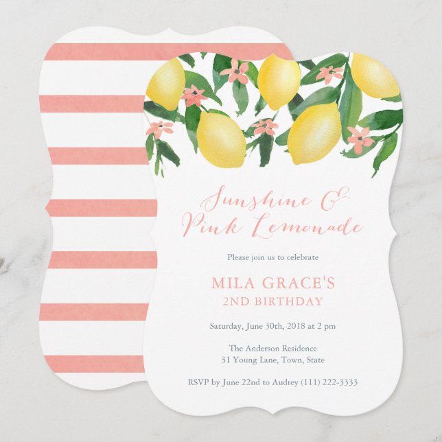Invitation Fête d'anniversaire de citrons Fille Pink Lemonade (Devant / Derrière)