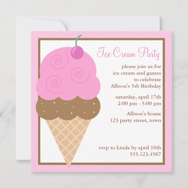Invitation Fête d'anniversaire de cornet de crème glacée de (Devant)