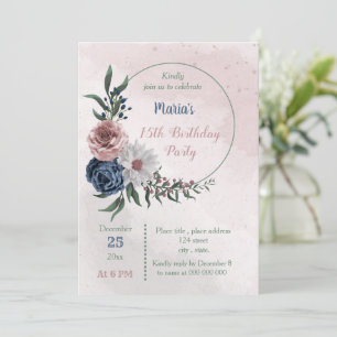 Invitation fête d'anniversaire de couronnes florales rose et