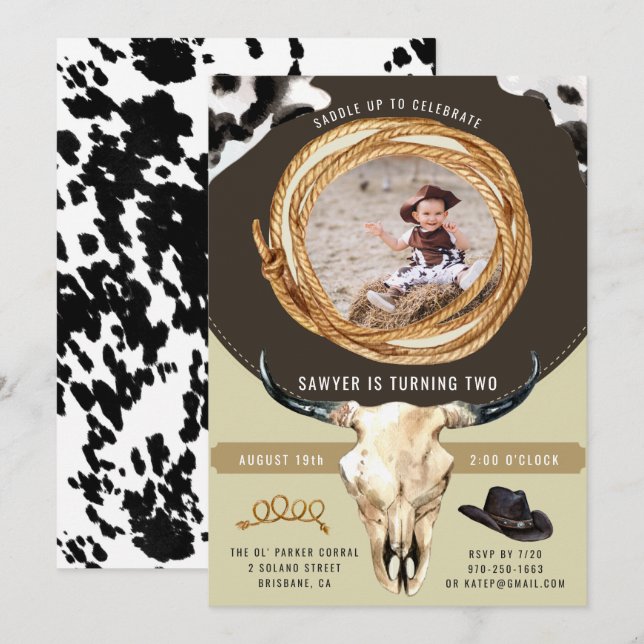 Invitation Fête d'anniversaire de cow-boy de rodéo western ru (Devant / Derrière)