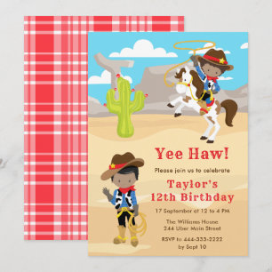 Invitation Fête d'anniversaire de cowboy à peau foncée